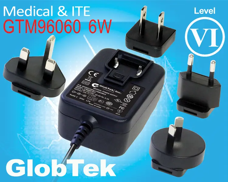 GTM96060-06VV-Q Model is an addition to GlobTek’s Level VI compliant GTM96060-06VV-Q family and represents GlobTek’s 6 Watt wall plug-in series of AC/DC adapters (power supplies & chargers) with International... GTM96060-06VV-Q Model is an addition to GlobTek’s Level VI compliant GTM96060-06VV-Q family and represents GlobTek’s 6 Watt wall plug-in series of AC/DC adapters (power supplies & chargers) with International...